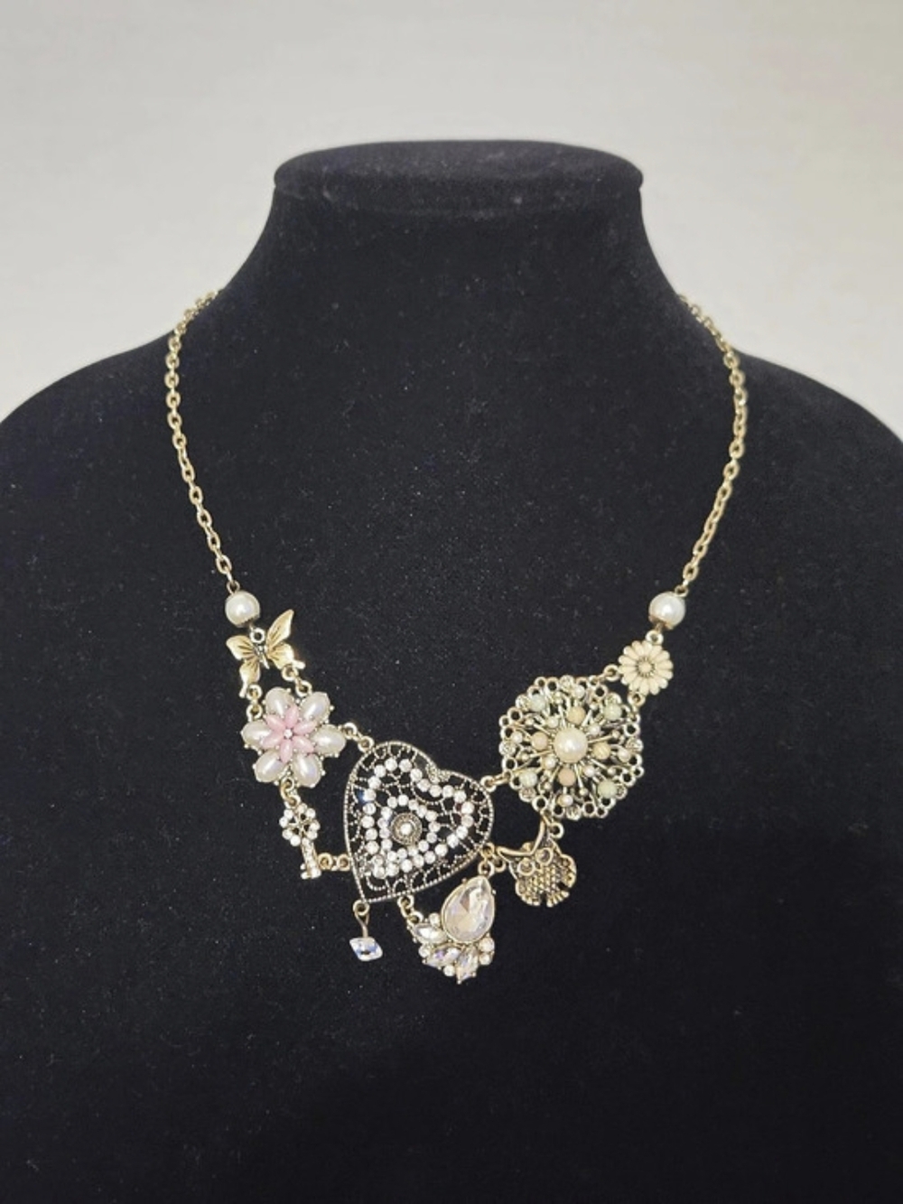 Gold-Tone Floral Heart Charm Necklace